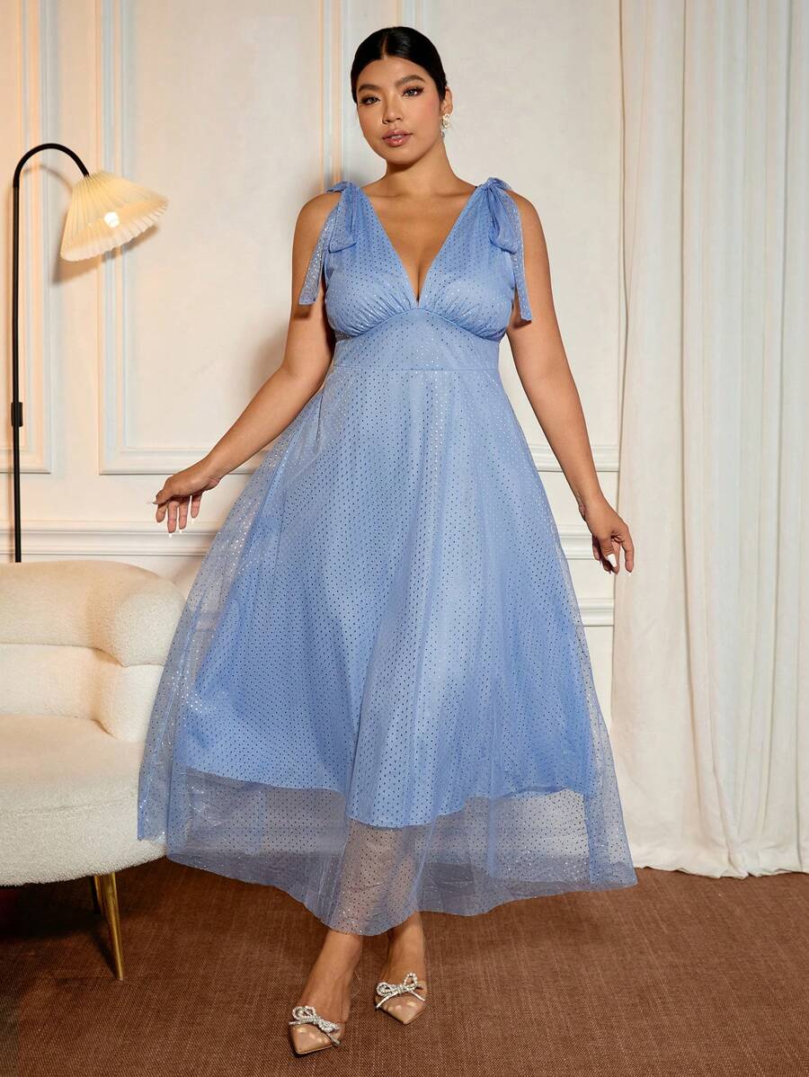 Allurite Plus Size Women's Elegant Dignified Polka Dot Silver Foil Mesh Bowknot V-Neck Ruched Waist A-Line Mesh Dress, Prom - Blue - View 1