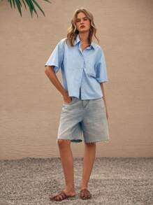 Lumivelle Fashionable Blue Short Sleeve Simple Pocket & Turn-Down Collar Women Blouse - Blue - View 4