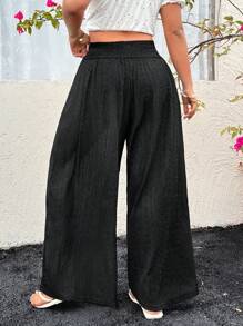SHEIN EZwear Pantalon casual ample au quotidien avec jambe large et unicolore, grande taille - Noir - Voir 2
