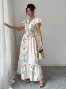 Elenzga Women's Spring/Summer Casual Vacation Apricot Floral Print Shirred Design Patchwork Ruffle Waist Cap Sleeve Maxi Dress - Apricot - View 5