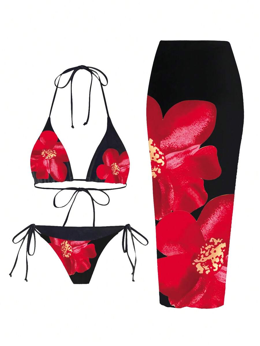 Swim Oasis Conjunto de biquini de 3 piezas de ropa de baño de verano para mujer con top de tirantes tipo espagueti y triángulo, Bottom con lazo lateral y fruncido y falda larga de red, para vacaciones informales en 2025 - Negro - Ver 1