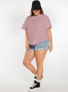 SHEIN BASICS Áo thun tay ngắn màu trơn thường ngày cỡ lớn, đa năng cho mùa hè - Màu tím - Xem 4