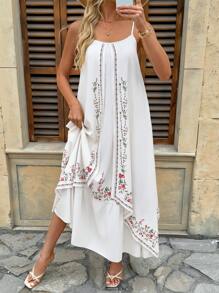 Chiquease 海滩度假碎花细肩带连衣裙，波西米亚风格，宽松无袖花裙，适合度假 - 杏色 - 查看 4