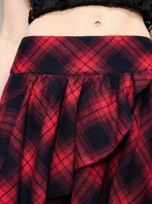 ROMWE Grunge Punk 嬉皮摇滚学院复古Y2K格子拼接不对称下摆多层拼接宽松A字女式韩流半身裙 - 酒紅色 - 查看 6