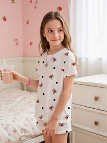 Tween Girls Casual Minimalist Cartoon Bear Print Round Neck Short Sleeve Shorts Pajama Set, Suitable For Summer - Multicolor - View 1