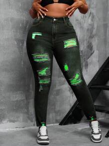 SHEIN SXY Quần legging bó lưới rách nhiều màu co giãn cạp cao cỡ lớn gợi cảm - màu đen - Xem 7