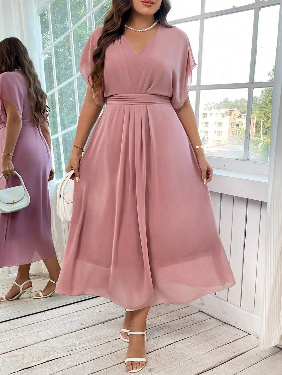 Reflora Plus Size Elegant Solid Color V-Neck Batwing Sleeve Dress, Summer - Dusty Pink - View 1