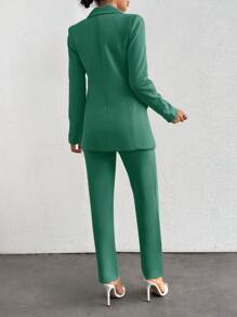 EURMUSE Women's Solid Color Lapel NeckLong Sleeve Casual Commuter Suit Jacket And Pants Set - Green - View 2