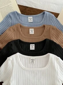 SHEIN 4pcs/Set Casual Simple Solid Color Ribbed Frill Trim Short Sleeve Tops For Baby Girls