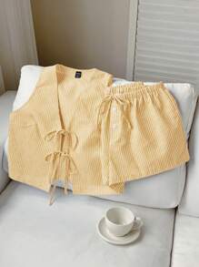 Comfortcana Traje casual de mujer de rayas amarillas tejido