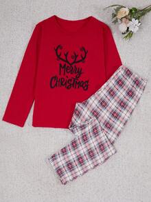 EURMUSE 2pcs Cotton Plus Size Christmas Printed PJ Set - Red - View 1