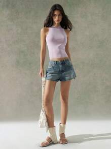 LYSMO Pantalones cortos vaqueros lavados informales de mujer con bolsillos oblicuos, para verano