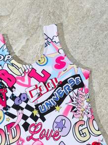 Young Girl' Random Cute Graffiti Printed Ruffled One-Piece Swimsuit, Summer - Multicolor - View 3