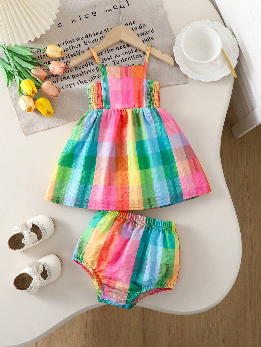 SHEIN 2pcs/Set Baby Girls Colorful Holiday Dopamine Plaid Cami Dress With Matching Triangular Shorts, Summer - Multicolor - View 1