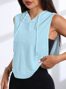 SHEIN Sovereign Charm Áo nỉ trùm đầu có dây rút màu trơn đơn giản dành cho nữ, áo không tay mùa hè - Màu xanh lam - Xem 6