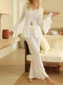 Lullawish Deep V-Neck Ribbed Asymmetrical Bell Sleeve Women's Loungewear Set