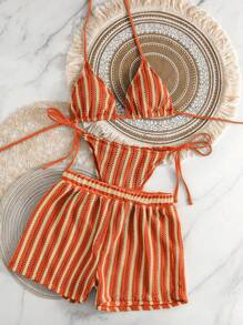 Swim Mod 3件套波西米亚风格钩编面料抽绳泳衣罩衫和比基尼套装