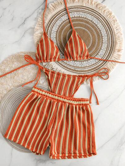 Swim Mod 3件套波西米亚风格钩编面料抽绳泳衣罩衫和比基尼套装