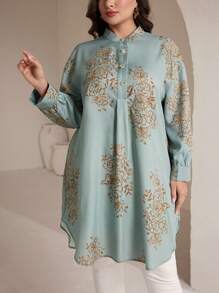 Veilorie 大码女式花卉印花长袖纽扣中式领衬衫