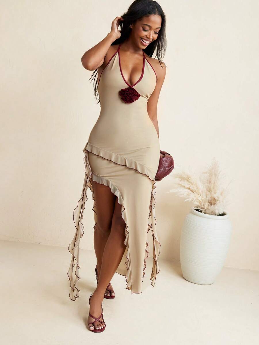 HANNA ALEKSANDRA Halter Transparent Mesh High Split Ruffled Dress With Rosette Summer Dress Vacation Sundress Women's Dress Women's Long Dresses Women Summer Dresses Women Maxi Dresses - Khaki - View 1