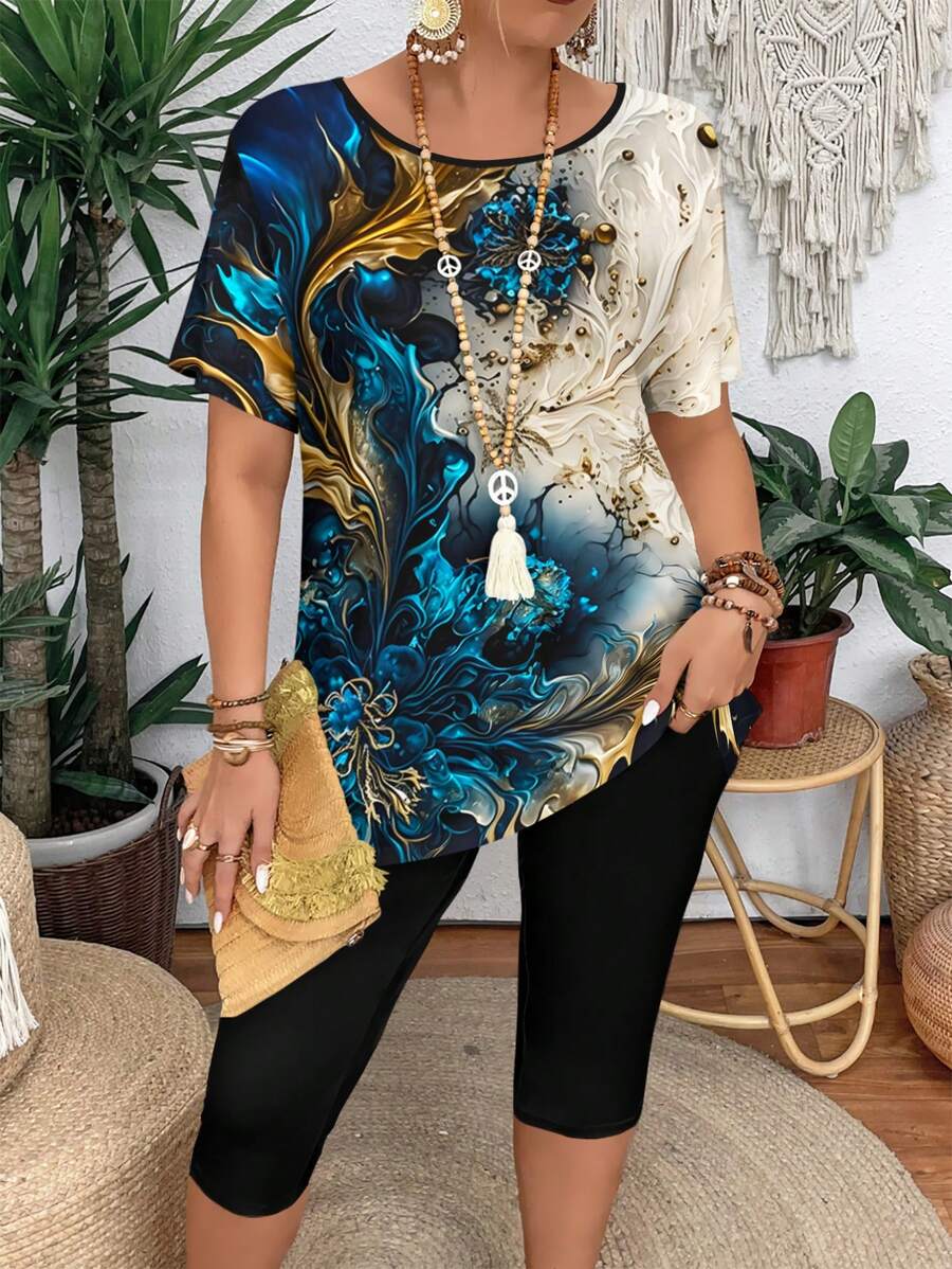 T-shirt à col rond à manches courtes avec imprimé floral blocs de couleurs et leggings 2 pièces en grande taille pour femmes, tenue décontractée - Multicolore - Voir 1