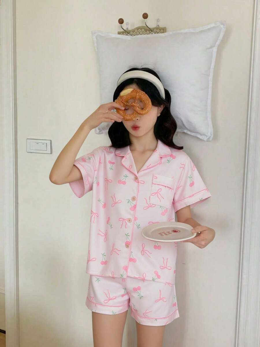 2pcs/Set Teen Girls Casual Cherry & Bow Print Polo Collar Short Sleeve Top With Shorts Loungewear Set, Comfortable