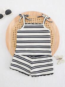 Cozy Pixies Set de 2 piezas para bebé niña con top de camisola con ribete en contraste de rayas coloridas y shorts de cintura elástica
