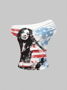 ROMWE J-Fashion Women's Sexy Leopard Print Asymmetrical Shoulder Slim Fit T-Shirt With British Flag Silhouette Design - White - View 1