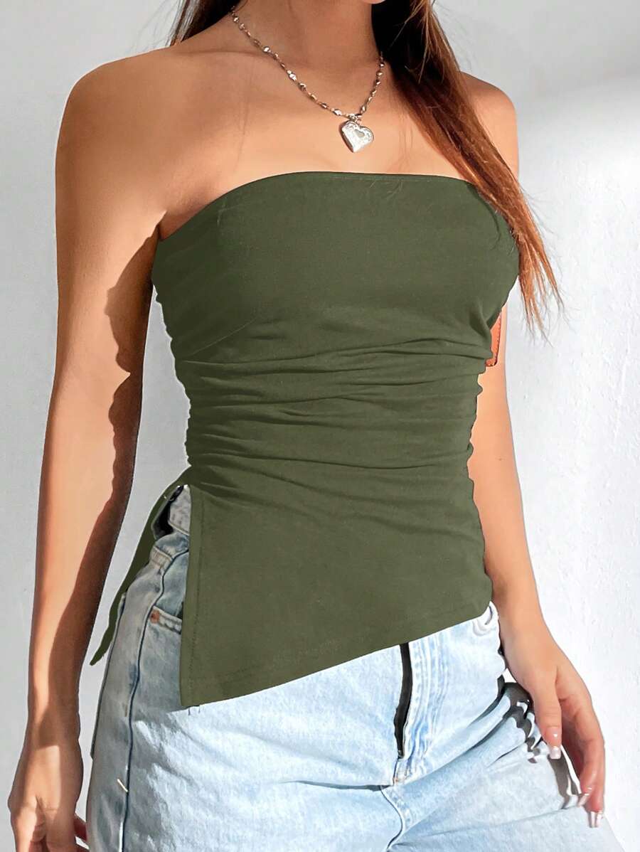 SHEIN EZwear 女士休闲纯色侧开衩抹胸上衣,夏季 - 軍綠色 - 查看 1