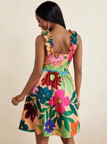 BELANGE HANDMADE Floral Print Ruffled Strap Wrap Mini Dress Women's Beachwear Outfits