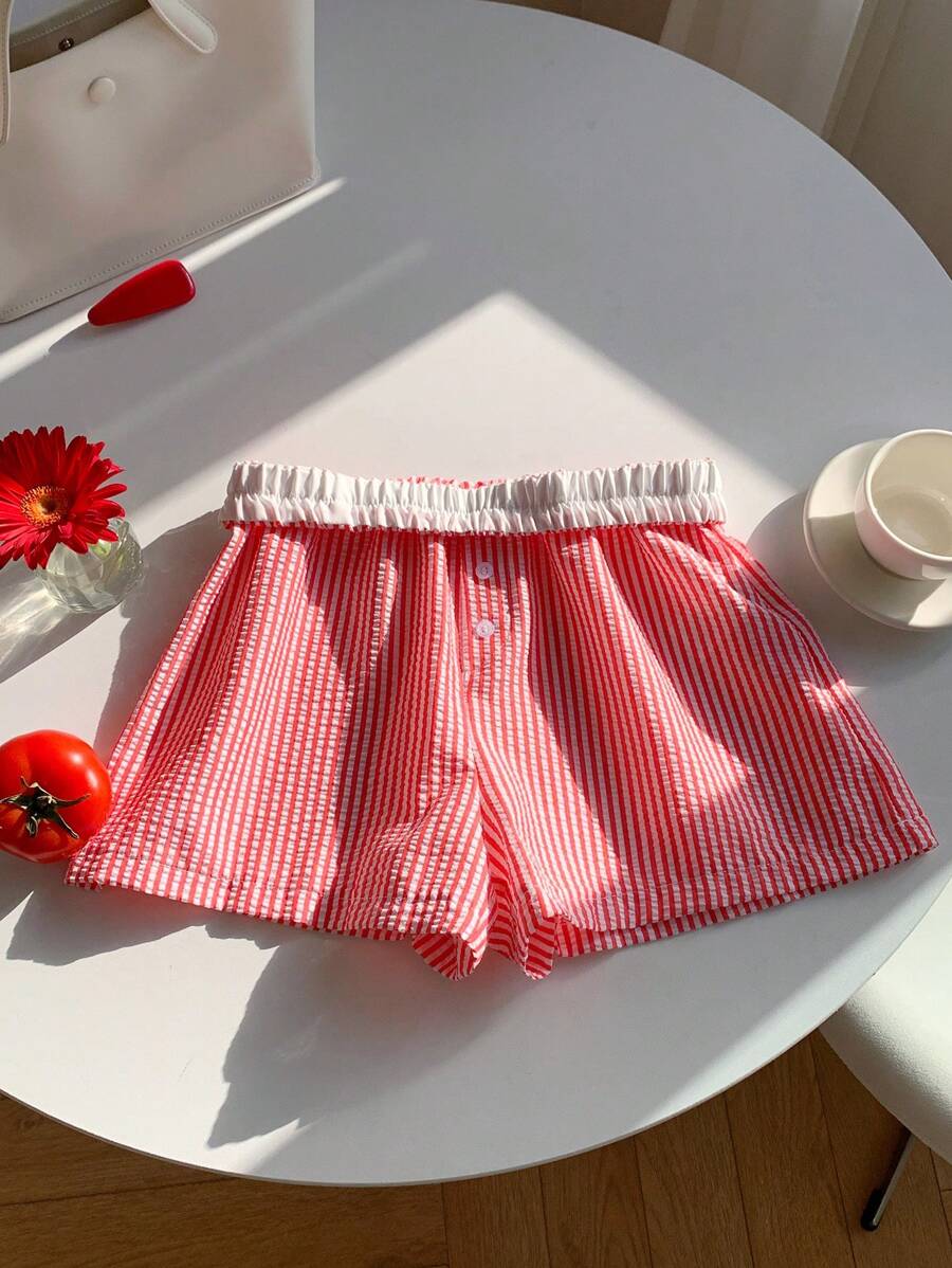 Comfortcana Women's Elastic Waist Striped Loose Casual Versatile Shorts - Red - View 1