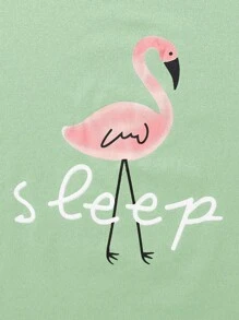 Set da 2 pezzi di pantaloni lunghi e maglietta a maniche corte, stile casual con stampa fenicottero blu navy, per abbigliamento da relax