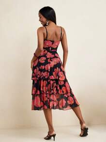 JIAN LASALA Vestido de tirantes elegante con estampado floral y diseño calado para invitada de boda, para mujer - Rojo y negro - Ver 2
