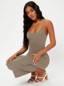 SHEIN BASICS Solid Form Fitted Slip Casual Dinner Dating Dress, Going Out - Brown - View 4