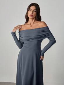 SHEIN Tall Vestido largo con hombros al descubierto, manga larga, unicolor y pliegues elegante para mujer, otoño, nuevo para el Día de San Valentín y Año Nuevo - Gris - Ver 6