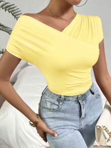 Firerie 女士纯色不对称领褶休闲T恤 - 黃色 - 查看 3