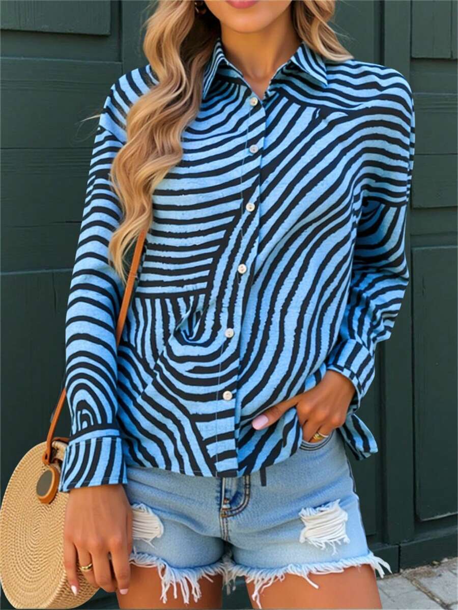 Women's Striped Long Sleeve Single-Breasted Casual/Work Shirt Fall Cloth For Women - Multicolor - View 1