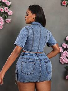 Slaydiva Plus Size Summer Casual Washed Denim Short Sleeve Cropped Jacket - Medium Wash - View 2