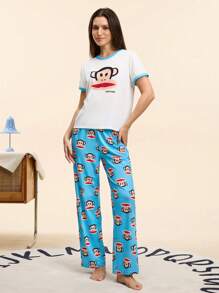 Paul Frank X SHEIN Women Monkey Graphic Short Sleeve T-Shirt And Pants Sleepwear Set, Summer Casual - Blue - View 4