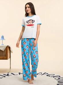 Paul Frank X SHEIN Women Monkey Graphic Short Sleeve T-Shirt And Pants Sleepwear Set, Summer Casual - Blue - View 5