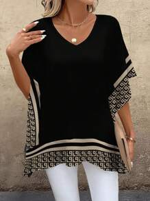 EMERY ROSE Women's Casual Simple Loose V-Neck Spliced Web Design Shirt, Suitable For Summer Chic Blouses For Women - Multicolor - View 3