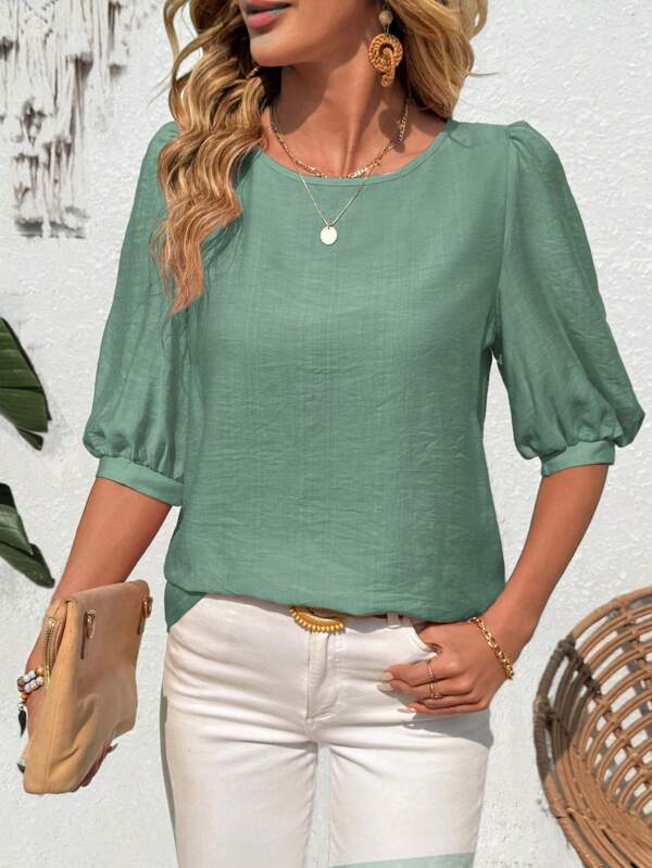 EMERY ROSE Women's Solid Color Round Neck Lantern Sleeve Loose Casual Blouse