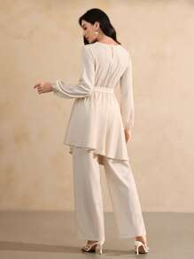 Graceveil Áo cánh tay đèn lồng màu trơn thanh lịch cho nữ, viền bất đối xứng, khiêm tốn - Màu be - Xem 5