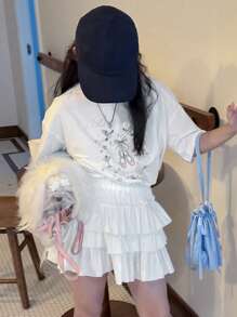 Dazy Kids 女童图案针织圆领短袖T恤，儿童夏装，返校服 - 白色 - 查看 2