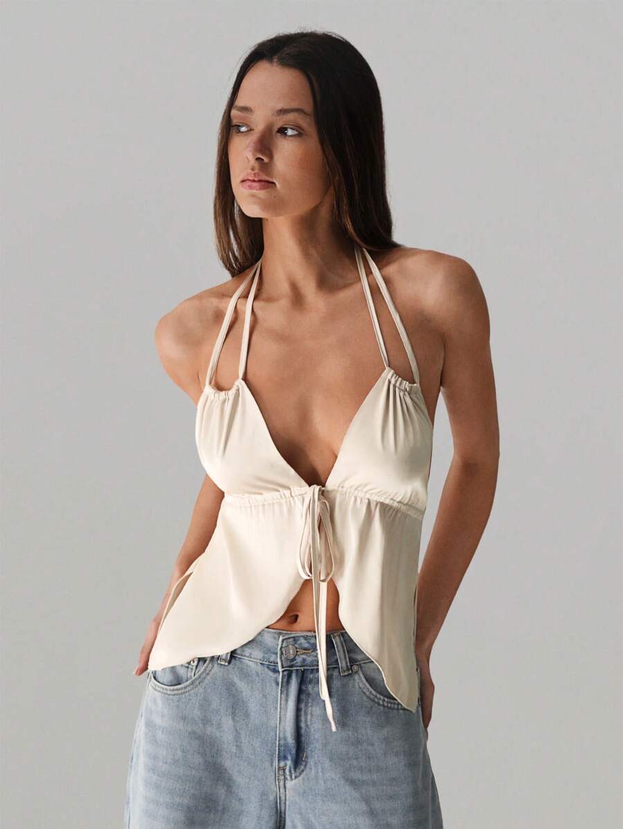 TRNVIE Women's Solid Color Front Tie Fashionable And Sexy Halter Camisole - Champagne - View 1