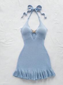 Soleia 女士度假苔绿色露背系带镂空荷叶边下摆迷你针织连衣裙，配有金属扣装饰 - 淺藍色 - 查看 4