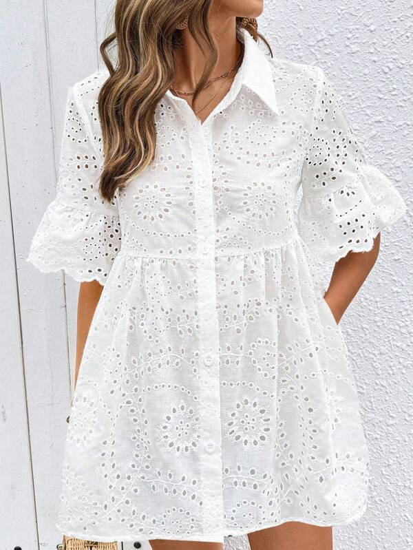 Breezaya Camisa casual con cuello bordado, camisa abierta al frente, vestido camisa con cuello bordado de algodón