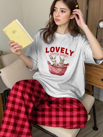 SHEIN 青少年女孩休闲兔子印花宽松简约圆领落肩短袖长裤睡衣套装，适合春夏季