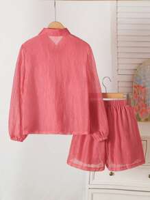 SHEIN 2pcs/Set Girls Energetic Vacation Pink Long Sleeve Thin Blouse & Matching Shorts Set, Suitable For Summer Beach Wear - Hot Pink - View 2