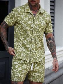 Manfinity RSRT 2pcs/Set Full Print Button Front Short Sleeve Shirt & Pocket Shorts Set - Green - View 5